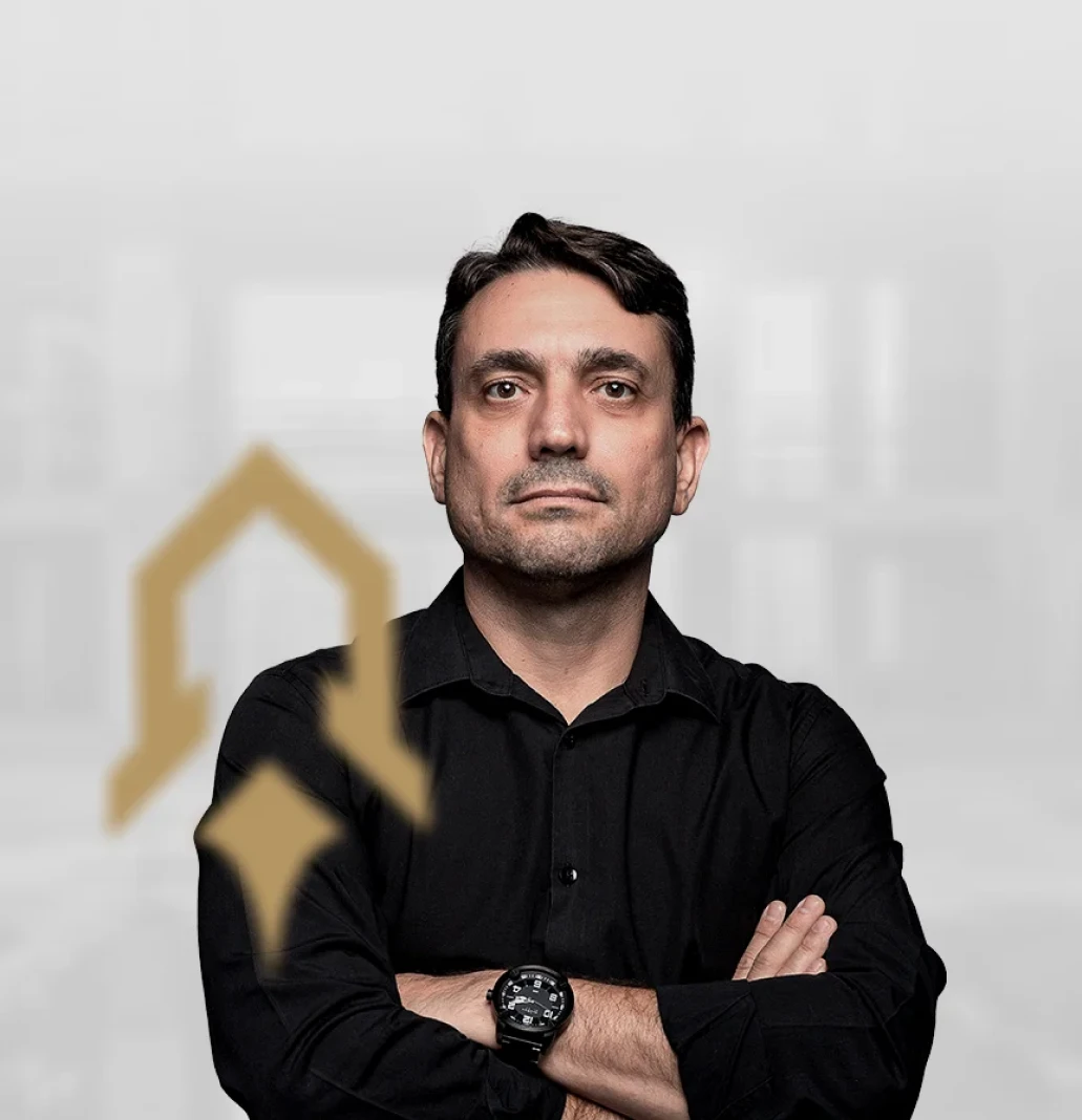 Construction business expert portrait with company logo background.